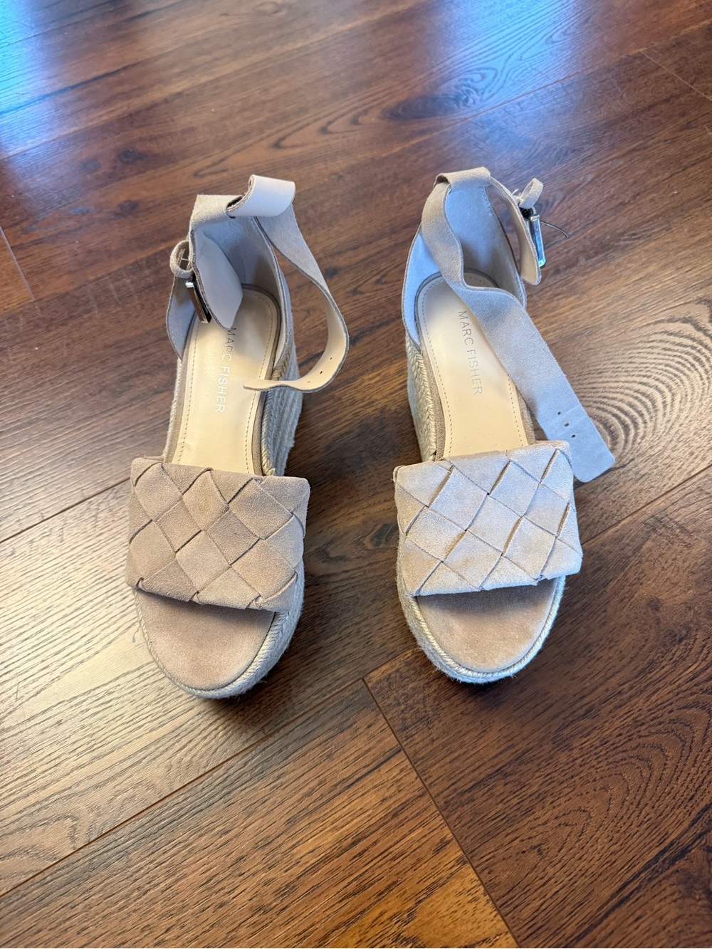 Marc Fisher Beige Woven Espadrille Wedge Sandals with Ankle Strap